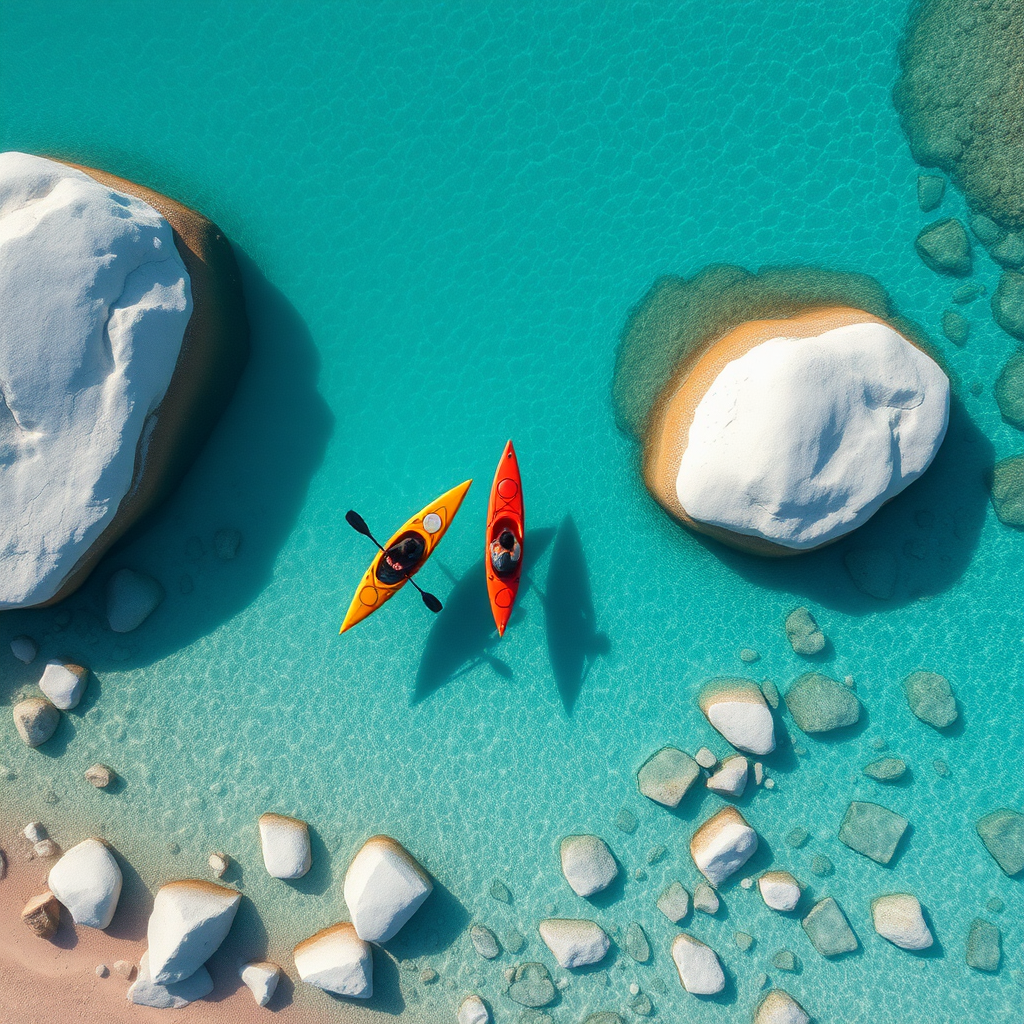 An aerial photo of two kayakers paddling through crystal-clear turquoise waters. The kayakers are in an orange kayak and a blue kayak and are surrounded by large, smooth, white grey rocks. The water is shallow and the bottom is visible, revealing a sandy bottom with scattered rocks. The scene is tranquil and serene, showcasing the beauty of nature. Hyper-realistic, intricate, elaborate, drone photography, 8K, UHD, HDR.