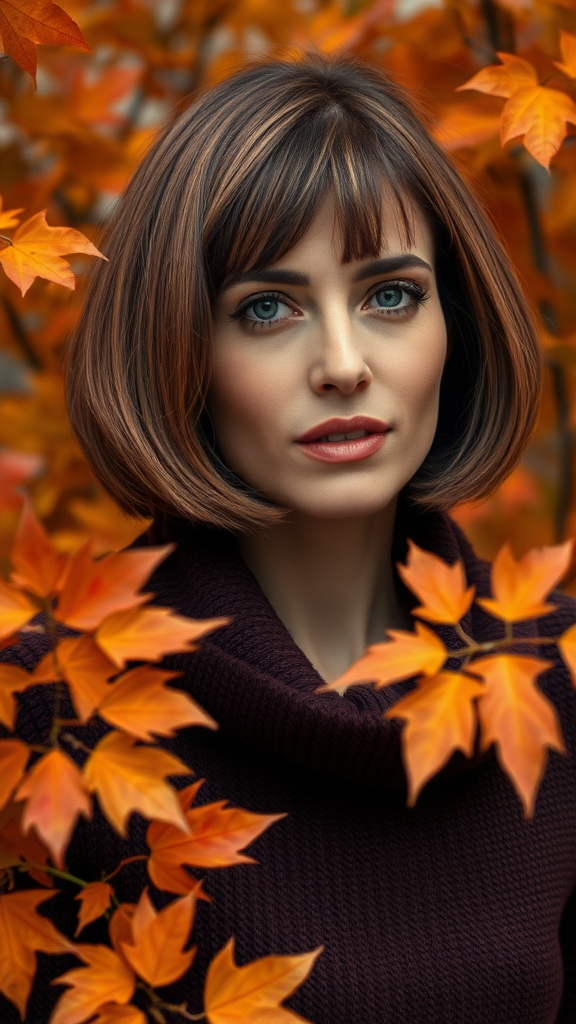 Beautiful model Carla Bruni with a bob haircut, surrounded by autumn foliage, in high definition.