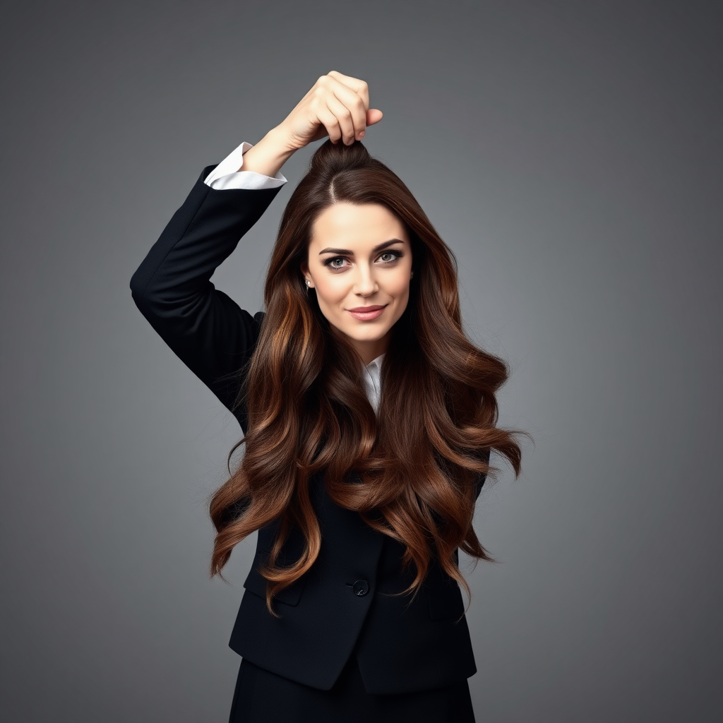 A surreal image of a magician holding up the disembodied head of a very long haired Kate Middleton. He is grabbing her very long hair and pulling it up high in the air, while her head is hanging by her hair from his grasp to display it to the camera. Plain gray background.