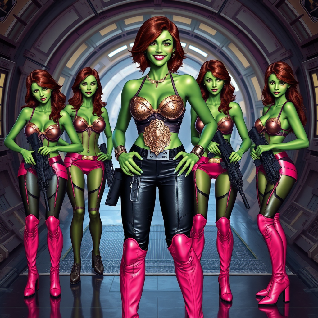 Tall, beautiful green skinned woman. Her brown hair is in a shag-cut style. Her eyes are gold. She is dressed in an ornate metal bra. She is wearing black leather pants, with pink knee high boots. She has her hands on her hips. She is smiling. A sci-fi looking gun is holstered at her hip. Four other green-skinned woman, dressed in metal bikinis, each carrying a weapon, stand next to her. They are at a sci-fi looking space-port.