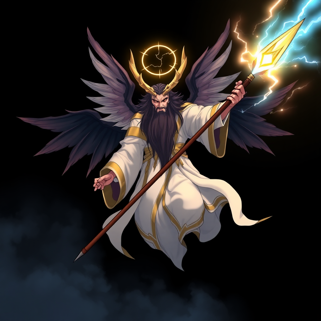 (Anime styled art) Black background of a divine yet sinister figure, floating ominously in mid-air. The being, known as YHVH/Enlil, radiates both light and darkness, with four angelic wings on top and two demonic wings on the back. A shattered halo hovers above its head, 4 golden horns, casting a fractured cracked glow. Dressed in flowing robes of white, gold, and black, the figure's long beard sways gently in the air. Its fiery ember eyes burn with a wrathful intensity, exuding a presence both holy and malevolent, he is holding a holy-golden-blue-lightning spear in left-hand.