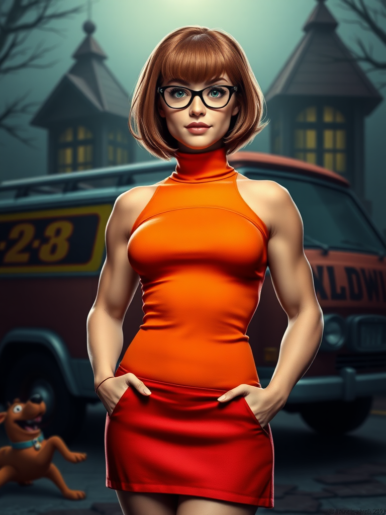 **Generate a realistic, full-length portrait of Velma Dinkley with the inverted triangle body of a male bodybuilder. Keep her signature head, hairstyle, and facial features. Modify her outfit to fit her new muscular physique. Use elements from the Scooby-Doo universe for the background.**

**Image details:**

* **Style:** Photorealistic
* **Pose:** Standing
* **Expression:** Confident, slightly smug
* **Lighting:** Dramatic, highlighting her muscles
* **Background:** Inspired by Scooby-Doo (Mystery Machine, spooky mansion, etc.)

**Character details:**

* **Head:** Velma Dinkley's head, including her signature glasses, hairstyle, and facial features
* **Body:** Inverted triangle body of a male bodybuilder, with well-defined muscles
* **Outfit:** Modified version of Velma's classic orange turtleneck and red skirt to fit her muscular build