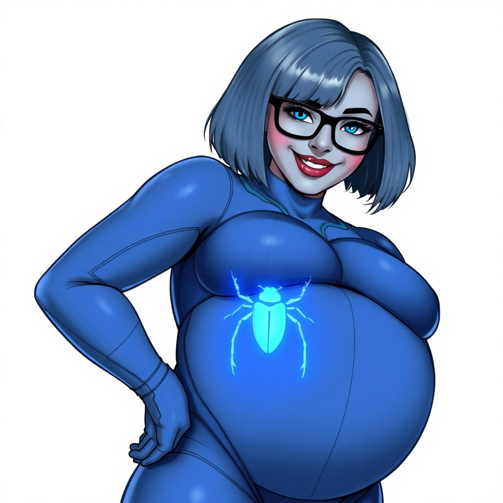 A 28-year-old, full-figured, middle gray metal skinned computer program-human hybrid with a maximum blue bob cut. She is the digital sidekick, computer hacker, and nerdy girlfriend of her cyberpunk vigilante boyfriend. Her middle gray metallic skin, distinct from any other character, highlights her digital nature. She wears maximum blue lipstick and has bright blue eyes. Her outfit includes an oversized digital maximum blue full bodysuit with a neon blue glowing chest icon of a beetle. Black eyeglasses accentuate her nerdiness, and she has a lovestruck smile with neon red blush. Her full figure, including a prominent, gargantuan, round midsection (with the full emphasis on her gargantuan belly), gigantic limbs, and broad shoulders, reflects the doting care of her vigilante boyfriend. The background is solid white. She is drawn as if she was in a retro 2D cyberpunk fighting game. Ensure her bodysuit covers all her bare skin (especially her round gargantuan belly). Her oversized bodysuit is influenced by DC's superheroine Jennifer Knight Phantom Lady but remains distinct.