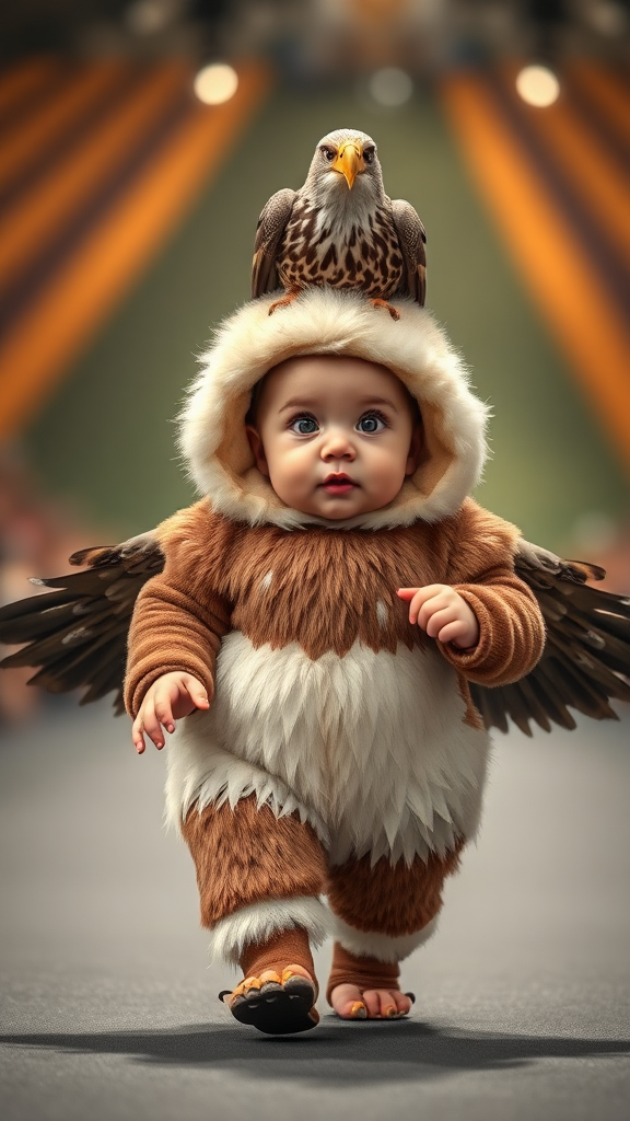 A cute small chubby fair baby with big eyes, pink lips, and pink cheeks wearing a furry cozy eagle costume doing a ramp walk in a fashion show, walking with a real eagle, with a cinematic eagle sitting on the baby's head.