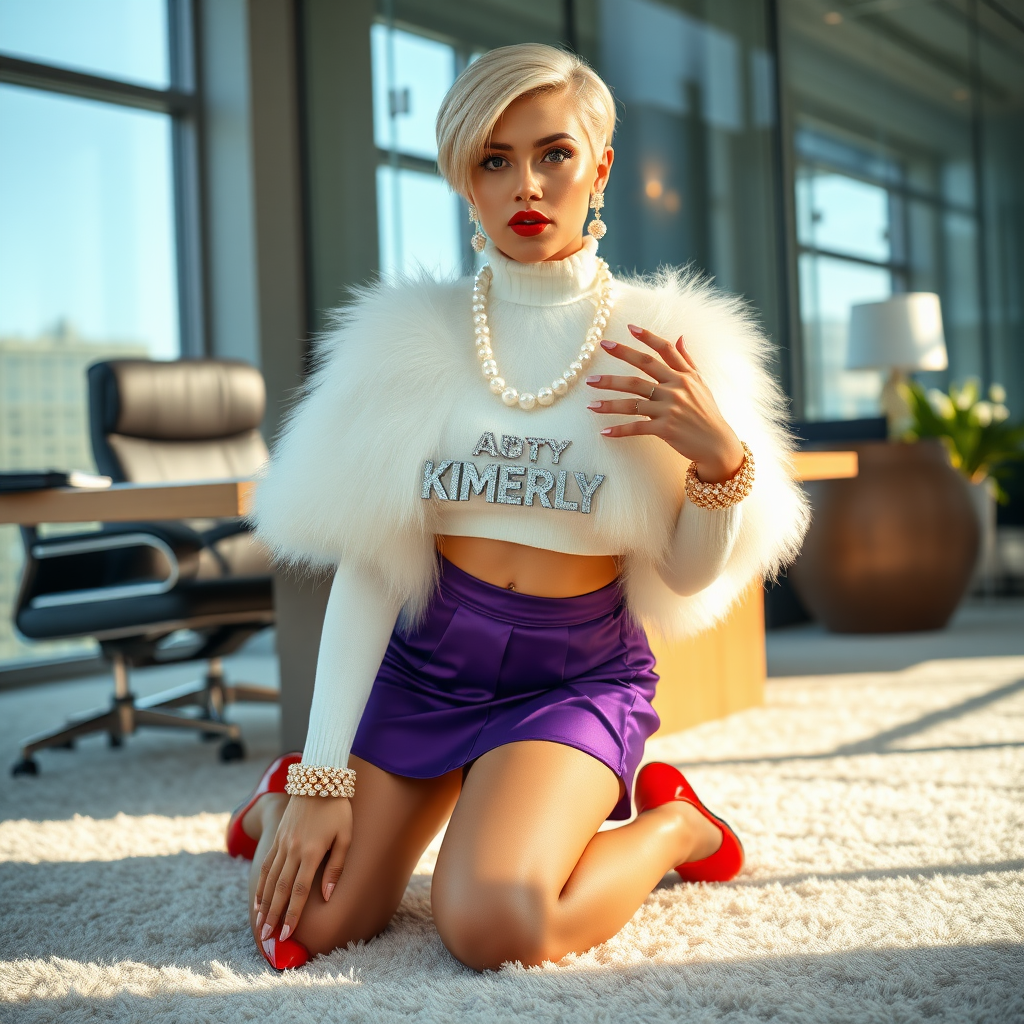 Sunny spring morning, modern glass-steel-concrete office, kneeling on fluffy carpet in front of CEO’s desk: Kimberly, 19 years old very convincing femboy “trophy-bimbo”, tamed servile docile, very beautiful feminine flawless face, rather short, by hormones very curvaceous womanly figured, platinum blond short tight curls, bold red lips, long white French nails, heavily made-up face, wearing Supertanya-style fluffy very fuzzy bright white angora turtleneck-poncho cropped ending under bust decorated with pearls and glass stones, purple vinyl pleated mini-skirt, bright red pumps with golden very high heels, white pearl belly piercing, large pearl earrings, striking diamond “KIMBERLY” letter brooch on left chest, thick heavy pearl wristlets, pearl anklets, pout frustrated, leaning forward hands on carpet presenting her assets, looking at camera. Focus on face and turtleneck-poncho.