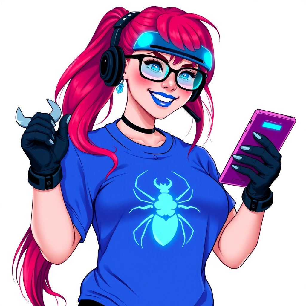 An intelligent and tech-savvy 29-year-old computer hacker and tech genius. She has a long ruby red ponytail. She wears maximum blue lipstick, blue eyes, a sapphire beetle gemstone necklace, sapphire earrings, black eyeglasses, hi-tech power gloves, and an oversized maximum blue t-shirt featuring a neon blue glowing beetle chest icon. She has a gargantuan full-figured physique with a prominent round gargantuan midsection, reflecting her well-cared-for lifestyle. She sports a sapphire headset with a hi-tech maximum turquoise lensed HUD, and a beaming smile accentuated by a passionate neon red blush. She serves as his tech expert from his hideout, holding a futuristic tool wrench and a futuristic digital tablet. The background is solid white. She is drawn as if she was in a retro 2D cyberpunk fighting game.