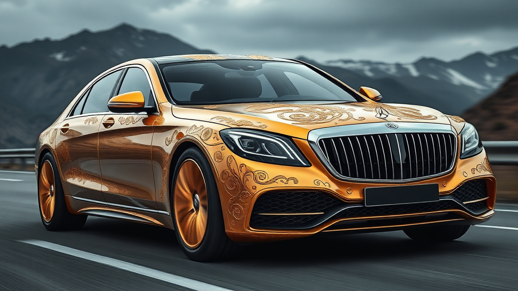 futuristic maybach s680 sedan, A luxurious, gold-plated car adorned with intricate, ornate designs and carvings. The vehicle features prominent headlights and a distinctive front grille, showcasing a fusion of elegance and extravagance. Set against a backdrop of mountains road motion blur