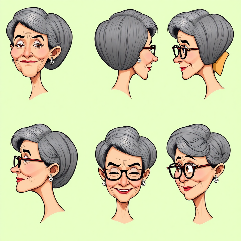 Photorealistic image of six headshots of a 50 Years old, European, Latina, sharp aquiline nose, wrinkles, high cheekbones, Middle Eastern, Skinny, Tanned skin, Dark light skin, full Makeup, jewelry, Sharp nose, frowning, exaggerated cartoon expression, lascive smile, dark grey Ash hair, short bowl haircut, Brown eye color, half closed eyes, round Glasses, with detailed features. Each photo displays the same face in back, profile and front view, cut out and isolated on a green background. All six heads are visible side by side, empty space around each view, no overlapping. 2D, caricature, cartoon, Sketch lines, coloring book style, well composed, clean coloring book page, No dither, no gradient, strong outline, vector illustration