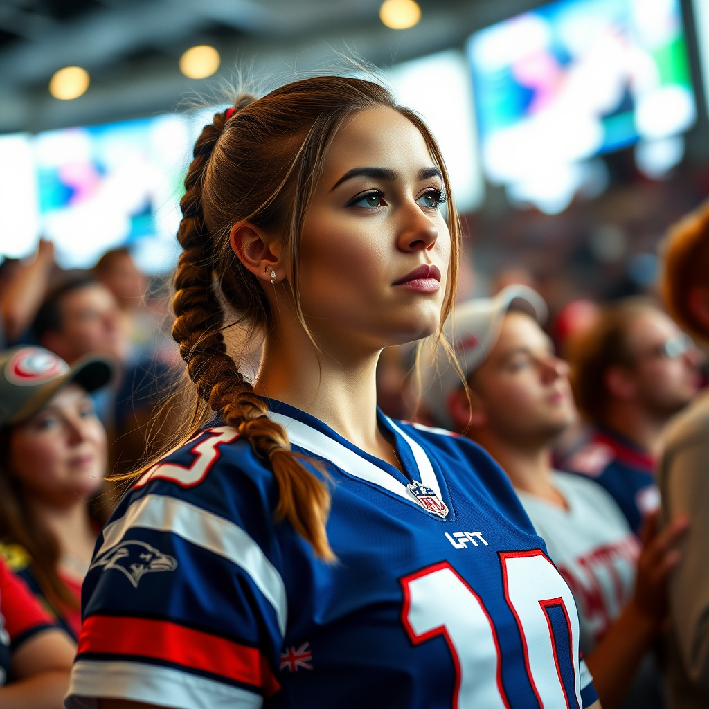 Female NFL fan, hot, pigtail hair, jersey, cheering, staring at perspective of TV camera, inside crowd