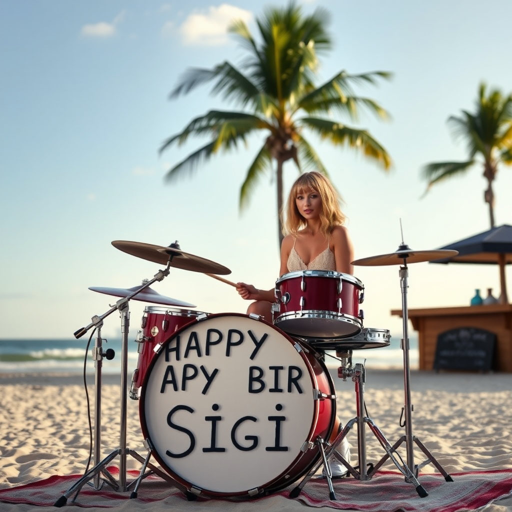 Taylor Swift sitting on a drumset on the beach with palms and a bar, bass drum spelling the words "Happy Birthday Sigi."