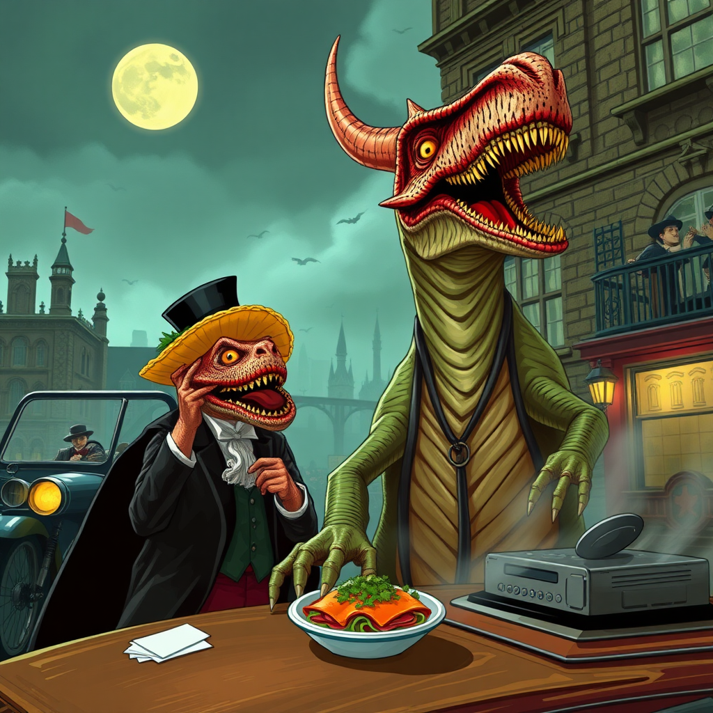 A vampire dinosaur selling tacos in Victorian England, tacky, grand theft auto, crabs.