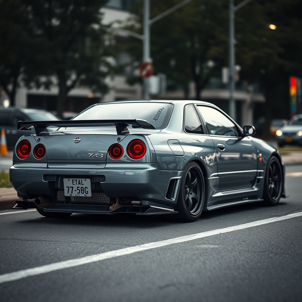 The car is parked on the side of the road, inspired by Taiyō Matsumoto, tumblr, restomod, nd4, c4 metallic shine gray black nissan skyline r34 tokyo arkaplan hatasız tam eksiksiz ayrıntılı genel gerçek detaylar en iyi fotoğraf poz sinematik hafif yağış su damlalar ıslak yol