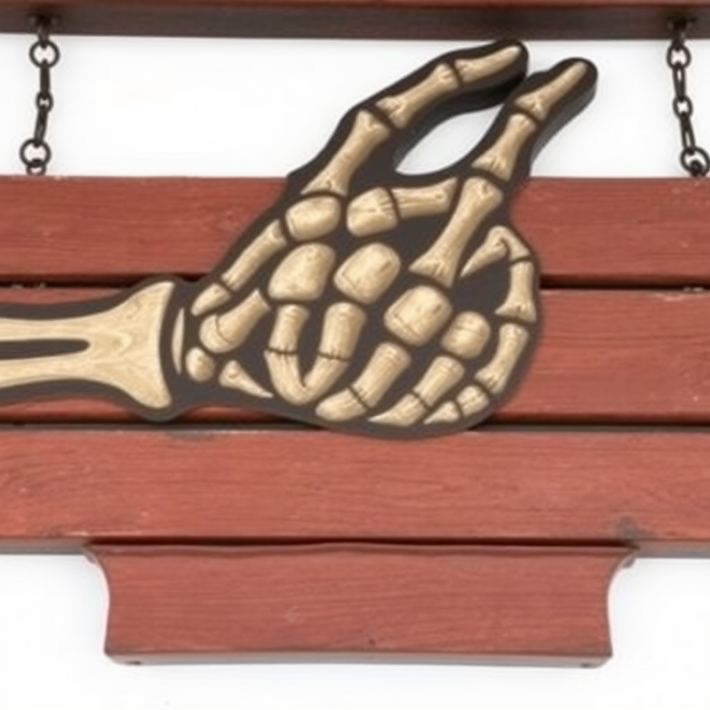 Victorian hanging sign of skeleton hand pointing. The hand is painted on horizontal wood slats. The edges of the wood are visible. The slats of wood are profiled such that they are in the shape of the painted hand. Some paint is chipped and faded.