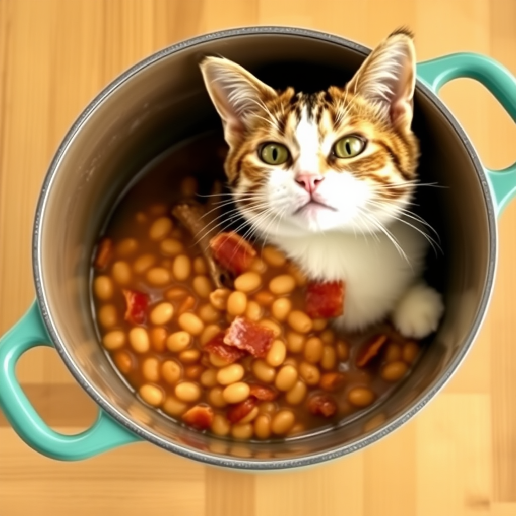 Cat in a pot with beans and bacon.