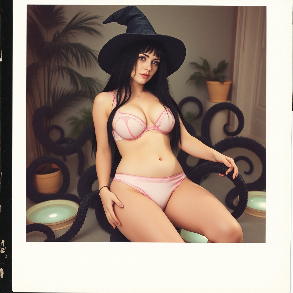 An old polaroid photo with a color tint to the photograph and visible light leaks. The photo depicts a sexy alt goth girl with pale skin and black hair. She has a plump booty. She has large breasts with ample cleavage and she is wearing a skimpy thong. The fabric of her thong is skimpy and pink and white and barely covers her and her bra is translucent and pink and white. She is in a photography studio with artistic lighting and plants are all around her. She is wearing a witch hat. She is restrained and surrounded by black tentacles coming out of magic glowing pools of water on the floor, grabbing her arms and legs.