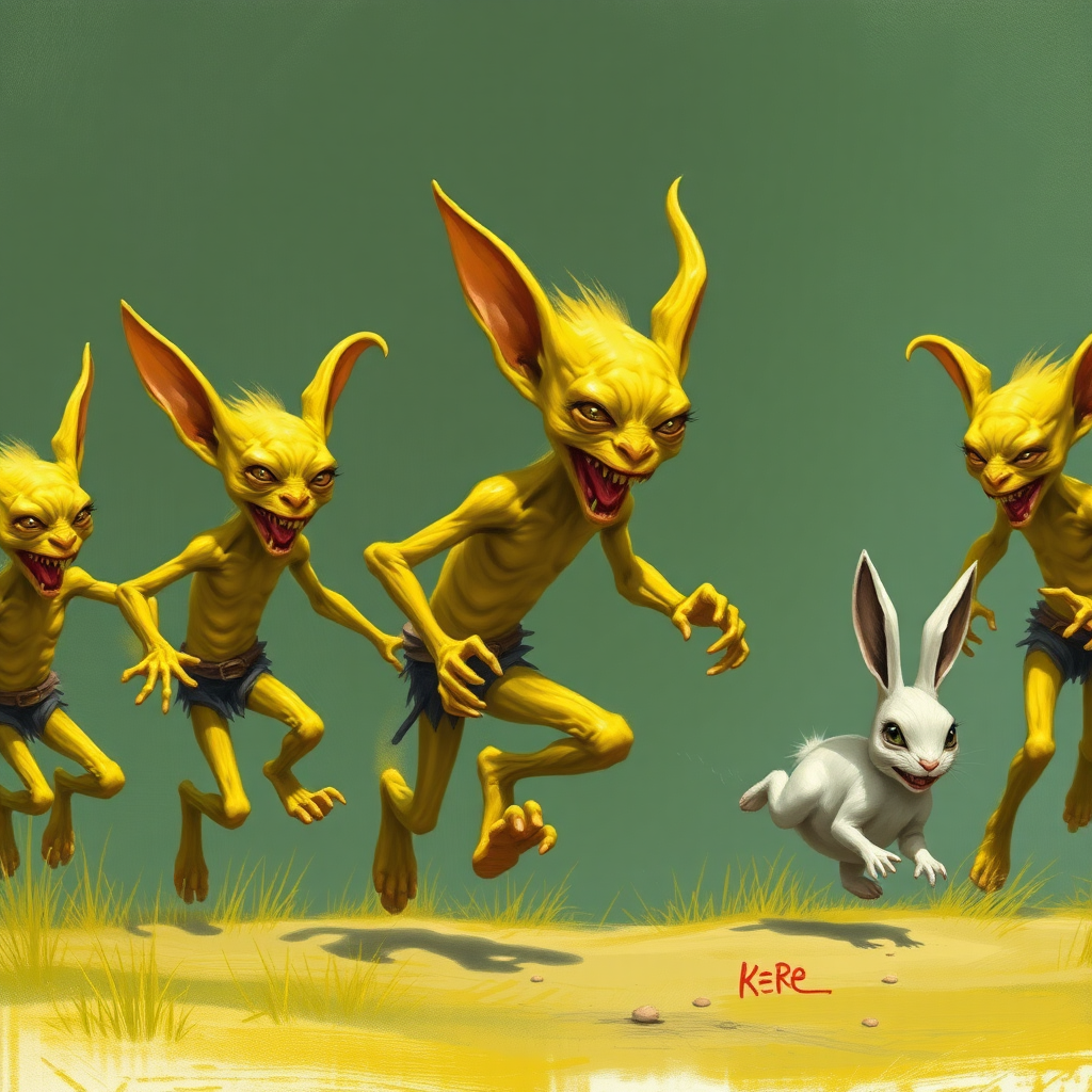 Several skinny, yellow goblins chasing after a fleeing bunny