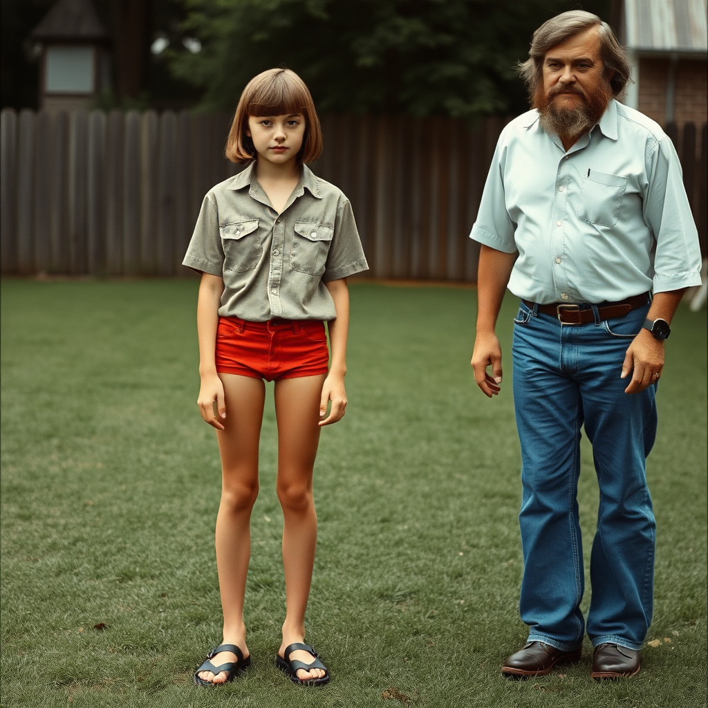 tall 14yo teen boy, long hair bob cut, wearing shirt and very tight booty shorts, long legs, narrow thighs, full-length front view. with bearded father wearing shirt, long jeans, shoes. 1970s. At backyard. photorealistic, ultra high resolution, 16K, Negative: grainy, blurry, bad anatomy, extra limbs, watermark.