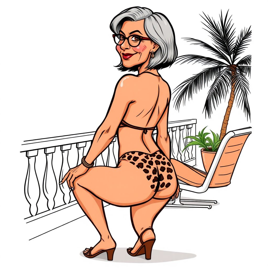 55 Years old, European, Latina, sharp aquiline nose, wrinkles, high cheekbones, Middle Eastern, Skinny, Tanned skin, Dark light skin, Rounded Medium breasts, Skinny thighs, round ass, full Makeup, jewelry, Serious face, Sharp nose, blushing, Ash hair, short bowl haircut, Brown eye color, Glasses, with detailed features. swaying hips, smiling, She is walking away, back side view, she is looking over her shoulder, she is wearing a leopard bikini, detailed fabric. full body, high heels sandals, squatting, suntanning on a balcony long establishing shot, 2D, caricature, cartoon, Sketch lines, coloring book, coloring book style on white background, well composed, clean coloring book page, No dither, no gradient, strong outline, No fill, No solids, vector illustration, movement lines. realistic proportions