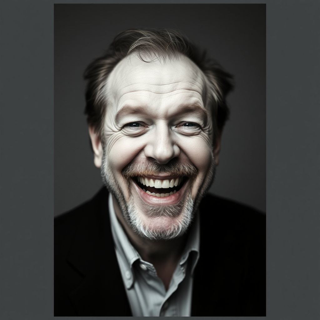 Create a picture portrait of Jack Nicholson in the style of Max Richter. Nicholson is 50 years old and laughing directly into the camera. The portrait is in color.