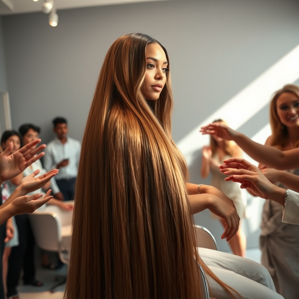 In an elegant, sunlit salon, adorned with soft, minimalistic decor, the stunning Beyoncé sits gracefully in a salon chair, her incredibly long, luxurious hair cascading like a flowing waterfall of silk down her shoulders and past her waist. The gentle glow of overhead lights highlights the rich, deep hues of her hair, each strand reflecting the brilliance of the space around her.

As an interactive long hair fetish performance art exhibit unfolds, curious visitors gather around, their eyes alight with fascination and excitement. Some eagerly reach out, gently grasping her hair between their fingers, feeling the smooth texture slip through their hands, while others playfully tug at it, testing the boundaries of their interactions. Each movement is accompanied by a symphony of soft gasps and murmurs of appreciation, enhancing the atmosphere of intimacy and connection.

The background is a simple, unobtrusive gray, allowing the artistry of the moment to take center stage. The air is charged with a sense of wonder and exploration, as visitors not only admire Beyoncé's hair but also engage in this tactile experience, deepening their understanding of the artistry behind her presence. Her expression is a mixture of serenity and playful engagement and submission, reflecting her comfort and trust in this unique performance, ultimately creating a captivating scene where art and audience intertwine seamlessly.