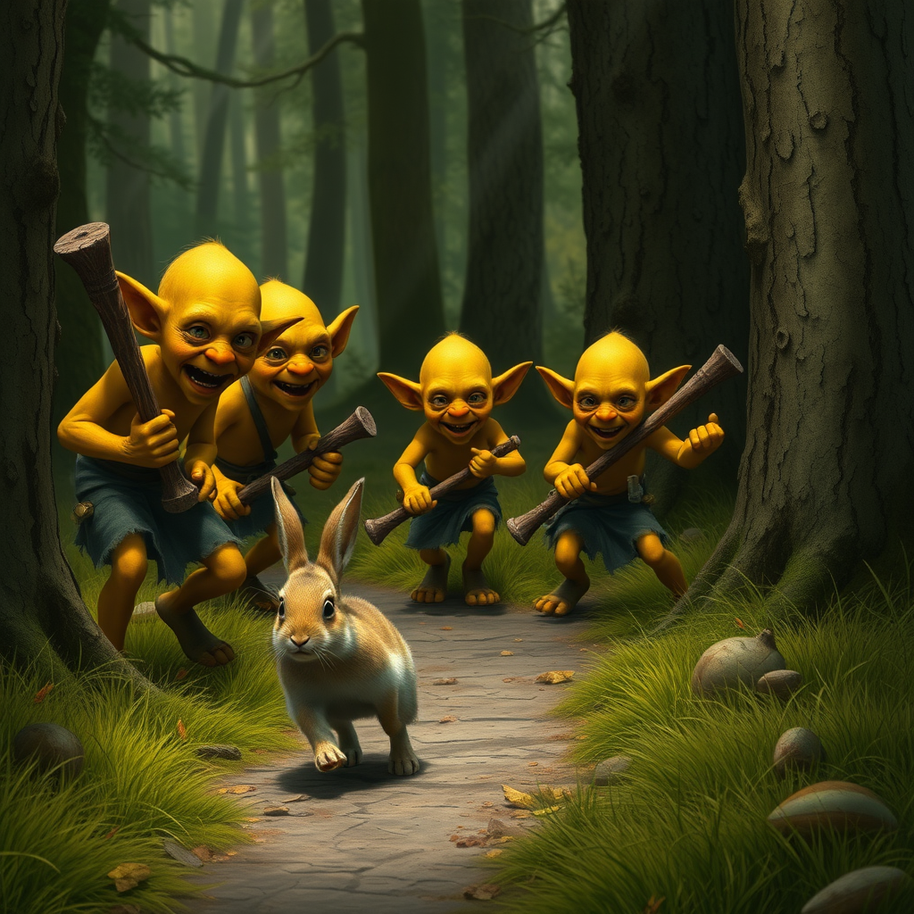 A realistic picture of several yellow goblins of different sizes and looks with wooden clubs looking at and chasing after a fleeing bunny along a forest path