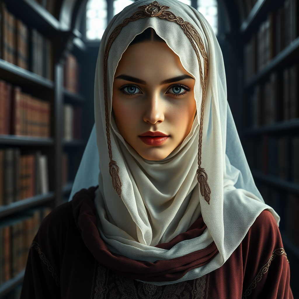 In the world of Vampire the Dark Ages, a beautiful and enchanting 17-year-old Muslim woman with Arabic features and a cadaverous complexion, dressed like a Middle Ages Persian woman. The image should show the character from the head to the waist without showing her hair or neck. The background should depict a medieval library. high definition, photorealistic, 16K.