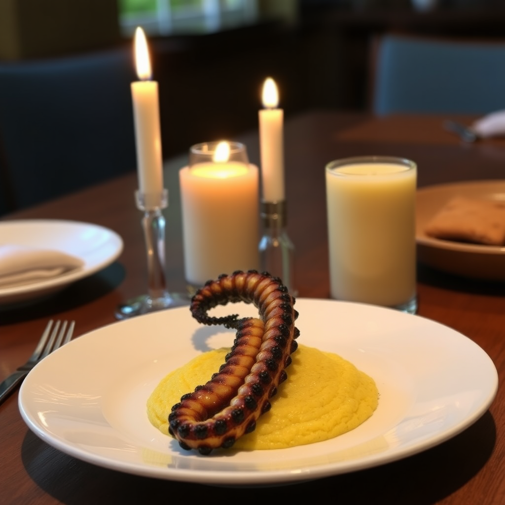 Plante with polenta and grilled octopus, 3 candles