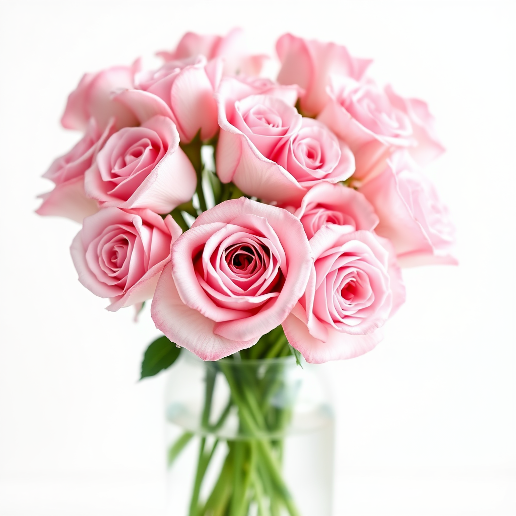 A close-up of a delicate bouquet of soft pink roses arranged in a clear glass vase, captured with a hyperrealistic style. The background is a smooth, muted white, enhancing the vibrant details of the petals. The roses exhibit varying shades of pink, with subtle gradients and velvety textures. The natural green stems are visible beneath the water in the vase, adding a fresh and organic feel. Soft, diffused lighting creates a gentle atmosphere, highlighting the intricate layers of each rose and casting soft shadows. The overall composition conveys elegance, beauty, and tranquility.