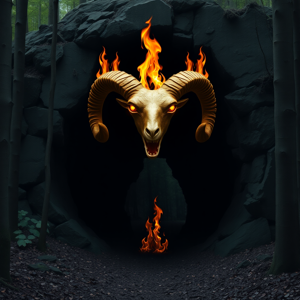 High quality, A dark cavern entrance in the middle of the woods that is perfectly shaped like a vagina/vulva, a golden-ram horn with burning eyes and mouth on top