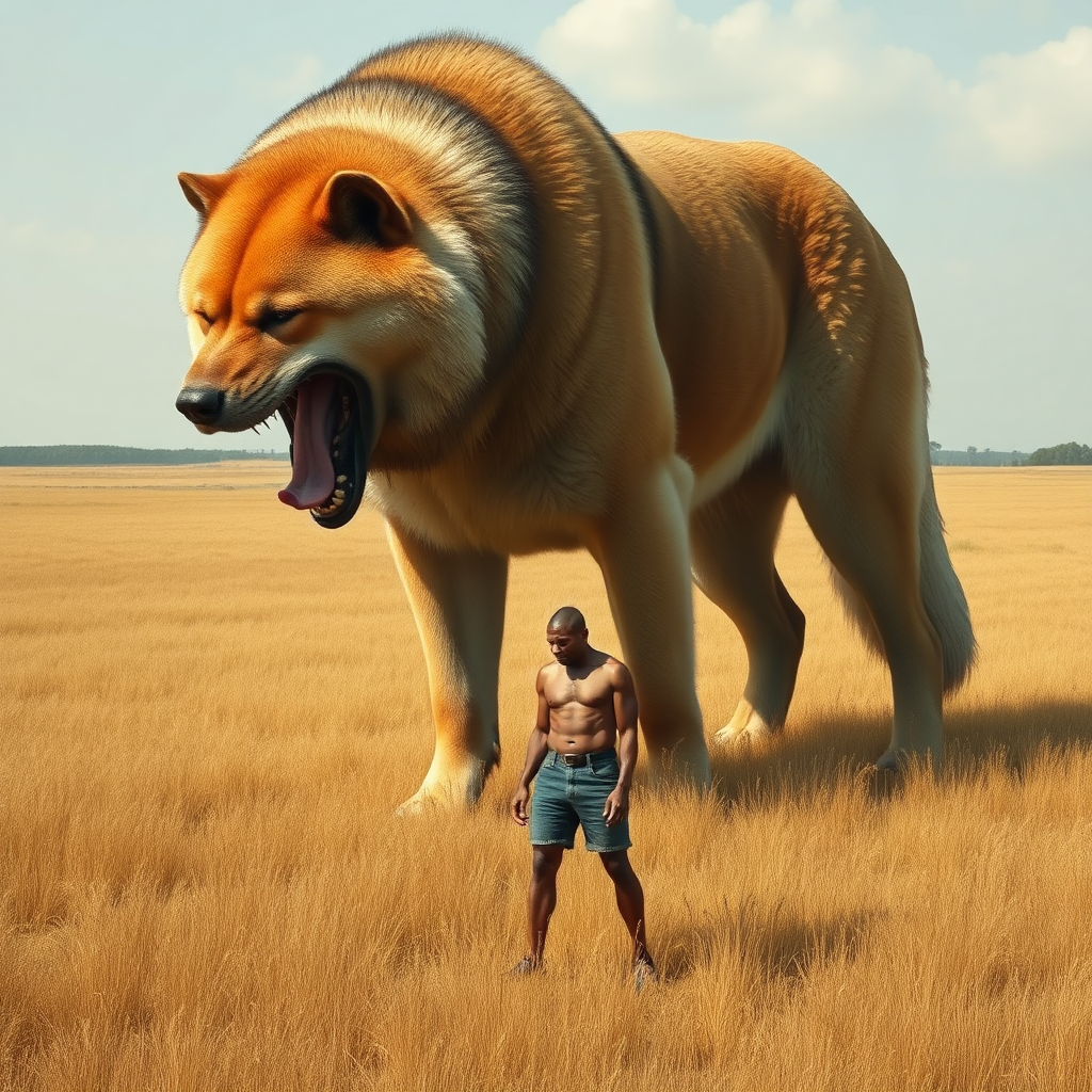 A massive giant-huge dog in a plain field eating a small man with half-his torso ripped off in blood.