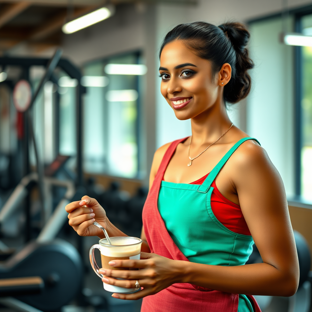 South Indian maid, serving coffee in gym