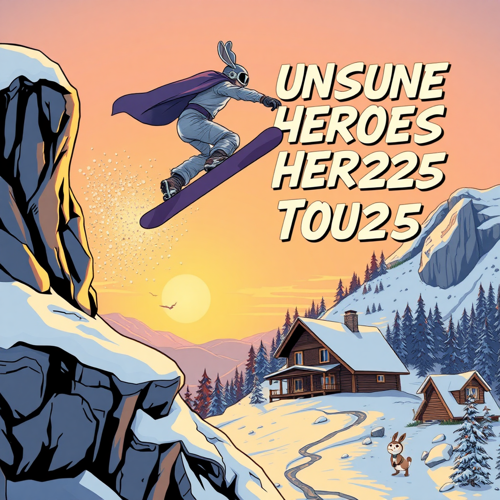 {
  "size": "1024x1792",
  "prompt": "A clean, modern comic book-style poster for the Unsung Heroes Tour 2025. The snowboarder is the main focus, seen from above, dramatically launching off a snow-covered rocky cliff into the unknown. The snowboarder should have no animal-like features (no bunny ears) and is about 1.5x the size of the snowshoe hare, which is much smaller and positioned far below in the background. The snowboarder's hero cape flutters behind them, adding a sense of adventure. A small snowshoe hare, significantly smaller than the snowboarder, is standing on its hind legs, wearing oversized headphones, looking up at the snowboarder from the ground with a comically exaggerated, awestruck expression. At the bottom of the hill is a rustic wooden lodge, clearly visible and representing the cozy, independent nature of the ski resort. The vibrant scene takes place during a sunrise, with warm, glowing colors filling the sky, enhancing the overall energy of the poster. The title 'Unsung Heroes Tour 2025' is clearly, accurately and prominently displayed in a bold, 3D comic book-style typeface. The overall style is clean, energetic, adventurous, and visually cohesive."
}