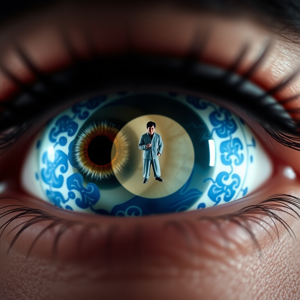 A close-up of eyes with lenses, The eye lens with traditional blue and white design Chinese blue white Design with a miniature man, trying to jump inside the lens looking like well. The composition emphasizes the eyes and its design, dark backdrop, with focused lights, looking up,