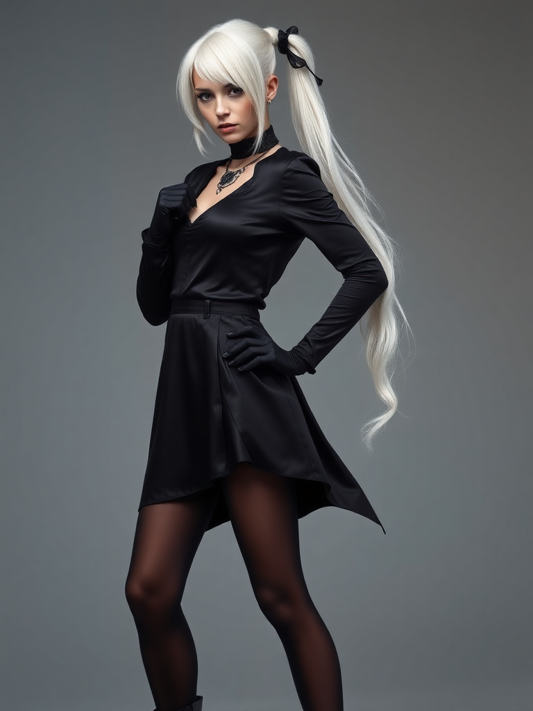 mature adult woman, skinny and tall, long legs, large shoulders, teardrop saggy small breast, long asymmetric undercut layered white hair, side swept bang, long white ponytail tied with a black lace, beautiful detailed face, piercing red eyes with intricate iris details, looking at the camera with a serious expression, wearing gothic style, black silk long sleeve top, black silk long skirt, black pantyhose, black gloves, black ankle boots, standing in a fierce pose with her head held high