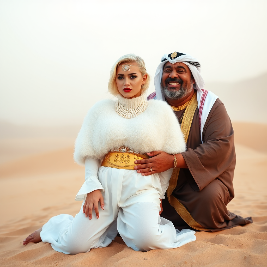 Kuwait desert dunes misty dawn: Melissa, European 17 years old very convincing femboy “trophy-bimbo”, tamed servile docile, very beautiful feminine flawless face, rather short boyish figure, platinum blond short tight curls, bold red lips, heavily made-up face, wearing Supertanya-style fluffy very fuzzy bright white angora turtleneck-poncho cropped ending under bust decorated with pearls and gemstones, striking oriental wide gold bridal protection belt, white fully transparent harem pants, full Oriental bridal jewelry with striking headpiece, full Oriental face-jewelry, striking diamond “$$$” letter brooch on left chest, pout frustrated, hands tied behind back, kneeling in sand with older overweight mighty sheik laughing, devotedly embracing Melissa..