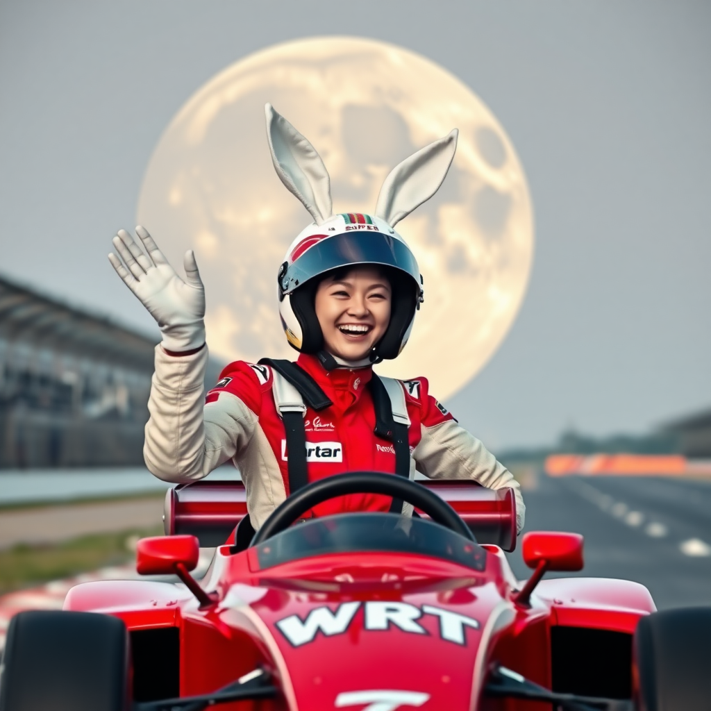 On the racetrack, there is a red racing car with "WRT" written on it. A Chinese female racer, wearing a full-face helmet with white rabbit ears sticking up, has her visor lifted. She is laughing and waving both hands, with a huge moon in the background, where you can see the craters.