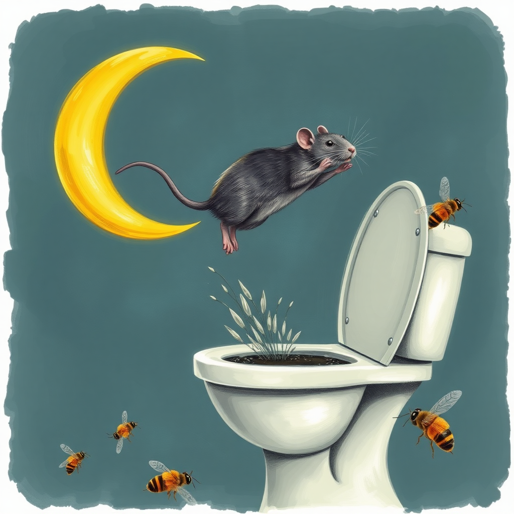 A rat jumping off the moon into a toilet, bees