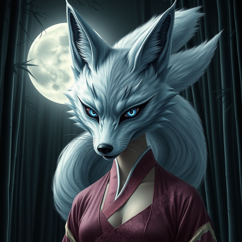 A scary-looking silver nine-tailed fox with blue eyes and the face of a Korean woman, dressed in a hanbok with one breast exposed, in front of the full moon in a bamboo forest.