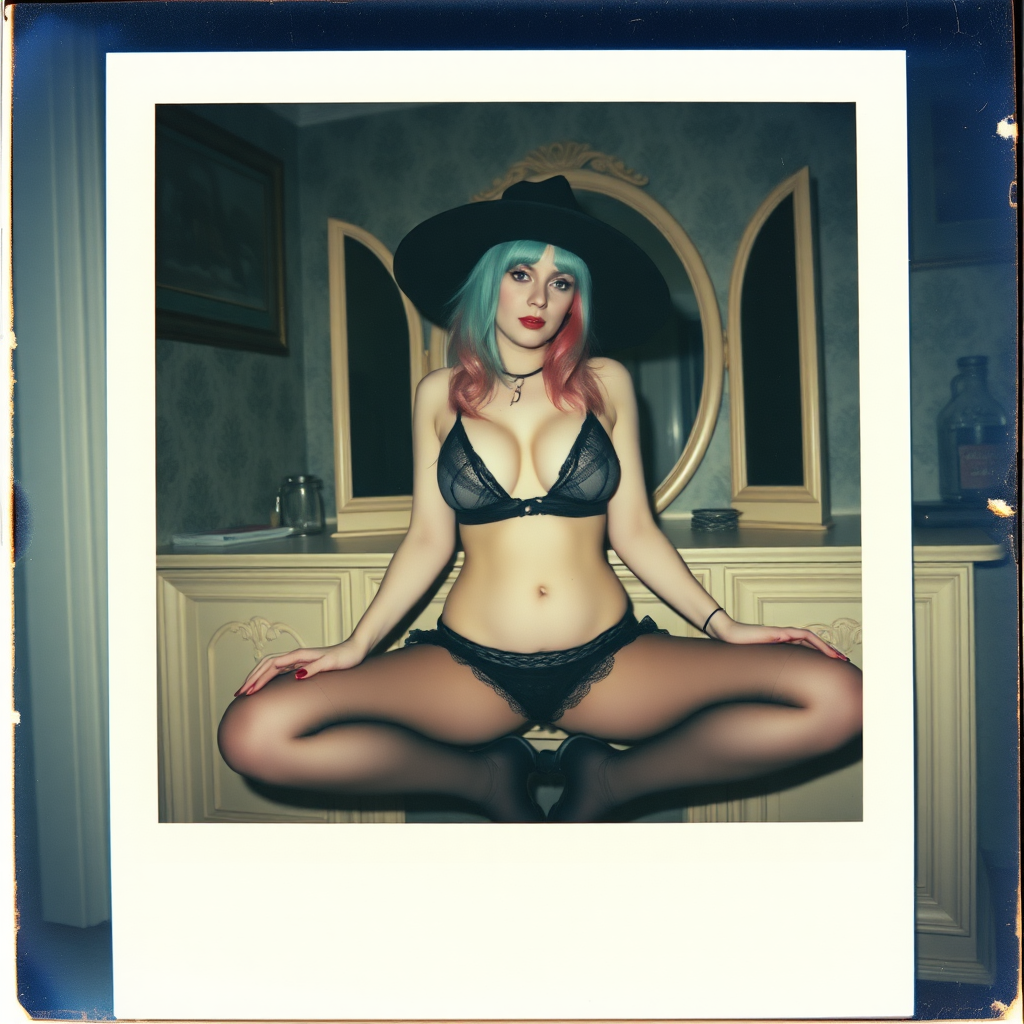 can of an old polaroid photo with heavy dark vignetting and a blue color tint to the photograph and visible light leaks. The photo depicts a sexy alt goth woman with pale skin and brightly colored dyed hair. She has large breasts with ample cleavage and is wearing a plaid bra with triangle shaped cups. She is wearing a witch hat. The image looks hazy and grungy. She is in an old house with wallpaper on the walls. Dark lighting with camera flash used. Candid. She is wearing a tiny revealing lace thong and a tight miniskirt and stockings. She is sitting on a builtin vanity with a mirror with her knees spread apart. She is wearing black high heels.