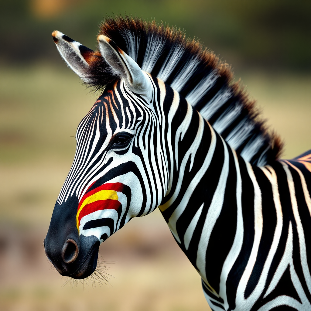 A photo of a zebra with black and rainbow stripes, no white stripes.