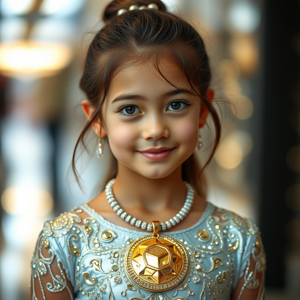 A photo of a 20-year-old girl made with chrome, silver, shining, and gold ornament. The girl wears a silver dress with chrome and gold patterns. She also wears a silver necklace with a large gold pendant. The background is blurred due to the telephoto bokeh effect. The overall image has a shiny and reflective quality.