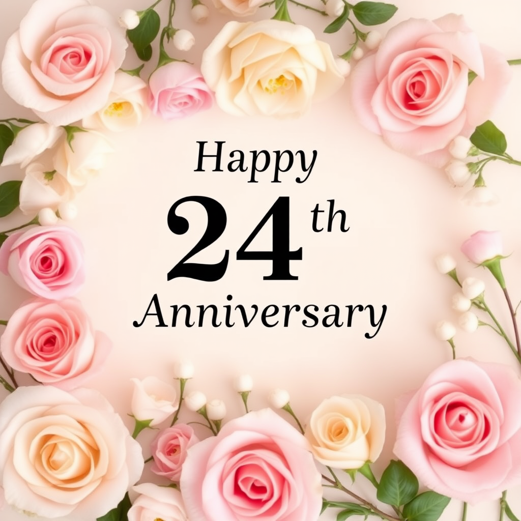 Create a soft, elegant image for a 24th wedding anniversary, blending celebration and love. Include delicate flowers, such as roses or lilies, arranged around a message that reads: "Happy 24th Wedding Anniversary". Incorporate soft pastel colors like pinks, creams, and whites. The overall vibe should be warm, romantic, and joyous, capturing the essence of love and commitment over the years.