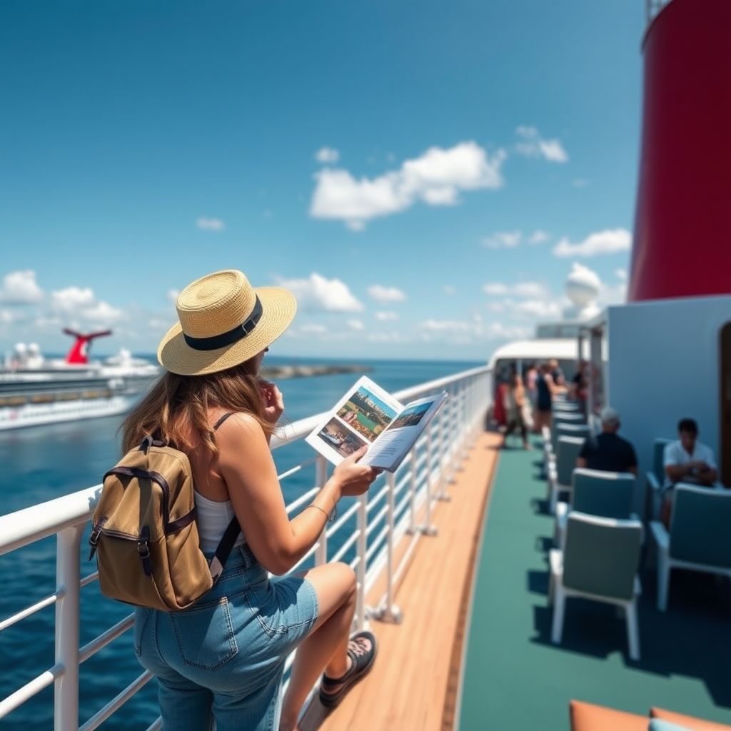 create a photo realistic image of a tourist looking at a cruise port guide while sitting on the deck of a cruise ship. Make the image rectangle and not square