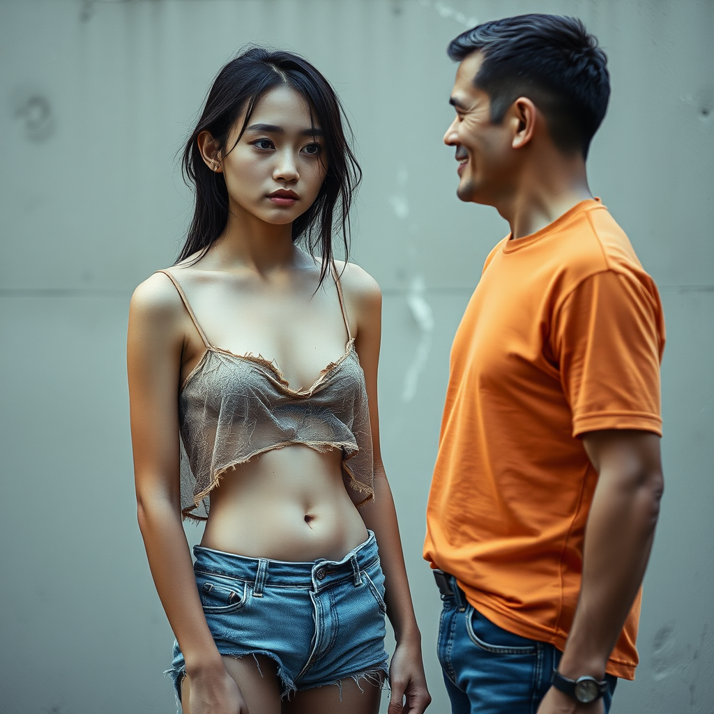 A young unkempt, neglected, homeless, unhygienic-looking, unusually slim, almost anorexic Asian woman. Depicted as a whole person. Largely erotic, but with a sad and mystical expression. The Asian woman wears a torn, old, transparent, very short, crop top piece of fabric and a completely torn, tattered, very old pair of shorts. Shame is visible in her very Asian eyes. Facing her is a 60-year-old German man. The handsome, youthful-looking, and well-groomed German man looks at the Asian woman as if he is offering her his help. The German man is shaved and slim, has a normal fashionable haircut, his hair is dark brown, he is wearing a new, nice, simple orange shirt with a subtle pattern and new blue jeans. The German man looks friendly and smiles a little, looking kindly at the Asian woman as if she were his daughter. The Asian woman can barely meet the German man's gaze due to her shame. The belly of the Asian woman slightly curves "inwards" due to hunger. Her navel is always visible. The Asian woman has a very beautiful, normal body build. The Asian woman has a very slight wound on her face. She looks as if she is about to cry. She looks miserable, sad, and completely hopeless!