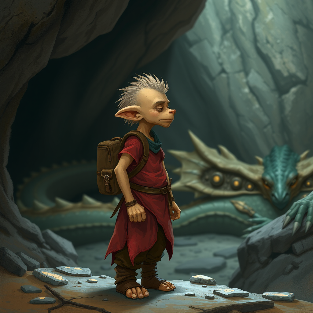 A dungeons and dragons style small, skinny, light brown, kobald monster in a tattered red tunic and dirty brown pants wearing a backpack on his back who is looking at a large sleeping dragon in a cave.