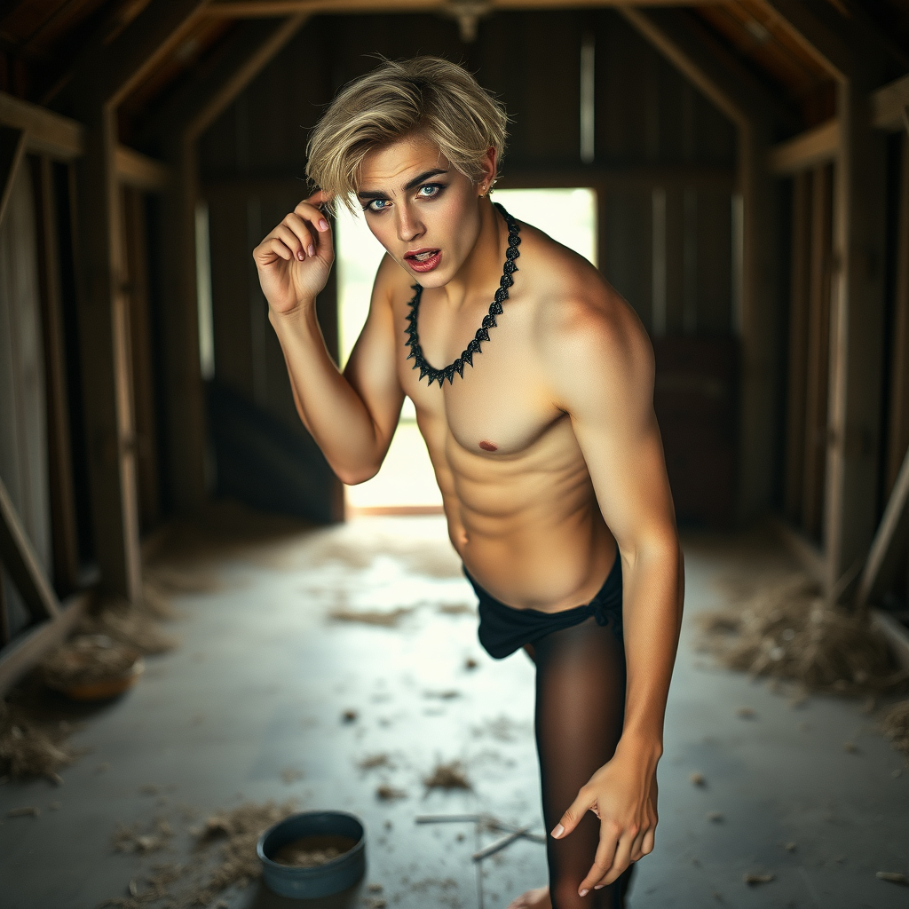 photorealistic, ultra high resolution, 16K, surreal fantasy, soft studio lighting, Caleb Swift is a pretty 16 year old goth male, slim male physique, blonde hair, blue eyes, goth makeup, earrings, sheer black pantyhose, spikey neck collar with chain, standing on the floor of the barn striking a pose like Michelangelo's "David" sculpture, excited mouth, bulging manhood, full body in wide view from the side with Caleb facing the camera.