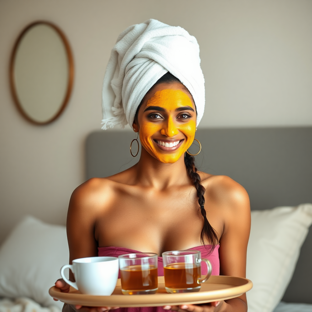 slim, 30 year old, indian wife, towel head, turmeric face mask. She is smiling and serving bedside coffee on a tray.