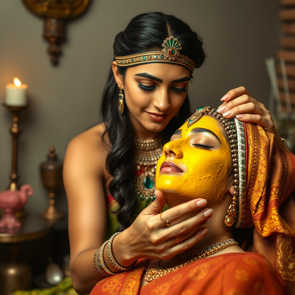 young cleopatra, working in beauty parlour, giving turmeric facial to rich, traditional indian wife