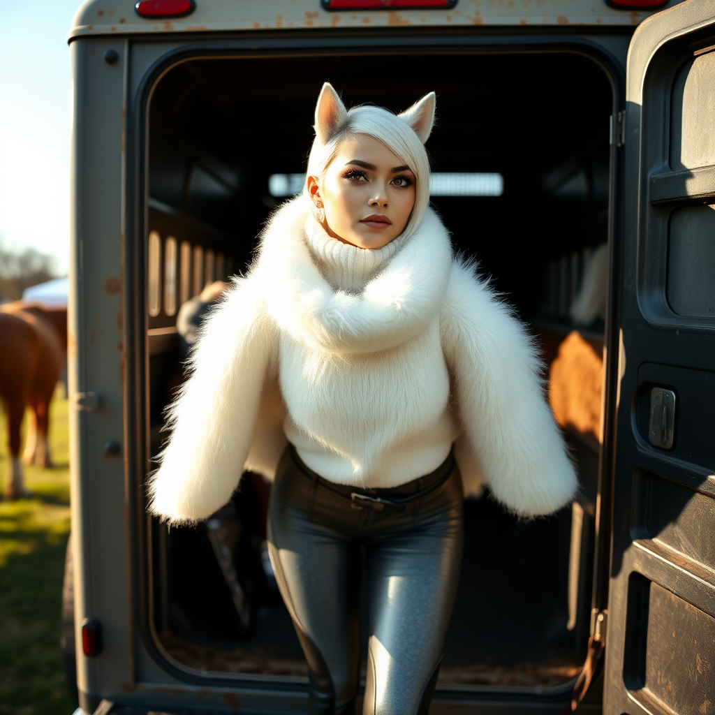 Country fair, sunny spring Sunday morning. Sam, 19 years old beautiful involuntary femboy, rebellious intractable character, petite boyish figure, platinum blond boyish rebel punk hairstyle, flawless heavily made-up face with sharp arched tattooed eyebrows, wearing Supertanya-style fluffy very fuzzy bright white angora thigh-length turtleneck-poncho fully covering body and arms, silver-glitter leggings, black leather high-heeled pumps, silver earrings, both hands tied behind back, standing inside horse transporter, waiting for her master. Focus on Sam’s face and turtleneck-poncho.