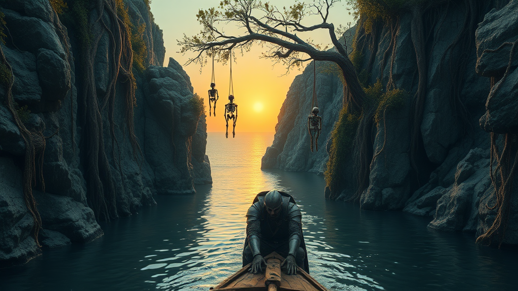 A cinematic panorama of a lone, wounded knight, slumped against the prow of a small wooden boat, his armor battered and stained with blood. The boat navigates a narrow river, its waters reflecting the fiery hues of a setting sun. Towering cliffs rise on either side, their rugged surfaces adorned with crumbling ruins of ancient structures. Thick vines, gnarled roots, and lush foliage cascade down the rock walls, bridging the chasm with their tangled embrace. Skeletons, clad in decaying armor, hang suspended from branches, their skeletal forms swaying gently in the breeze. As the river winds its way towards the distant ocean, the cliffs gradually open, revealing a glimpse of a vast, sun-drenched expanse of water stretching towards the horizon.